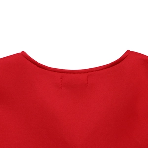 Close-up detail of the smooth red cotton fabric and professional round neckline stitching
