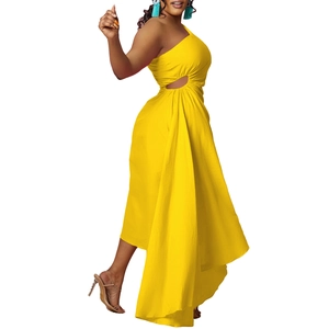 Detail of a bright yellow one-shoulder dress with side cutout and asymmetric hem design