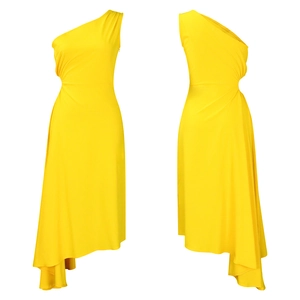 Detail of a bright yellow one-shoulder dress with asymmetrical hem and waist pleats