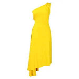 Detail of a bright yellow one-shoulder dress with elegant pleats and asymmetrical hemline