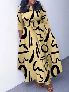 Women's Elegant 3/4 Sleeve Midi Dress Abstract Tropical Print High Waist A-Line Dress With Belt Plus Size Vacation Outfit