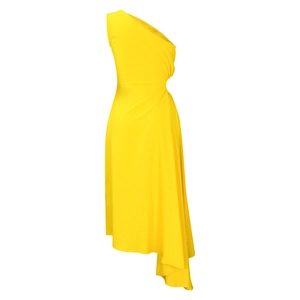 Detail of a bright yellow one-shoulder dress with a side cut-out and asymmetric hemline