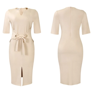 Detail of elegant beige midi dress featuring a belted waist with metal eyelet and front slit