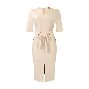 Detail of elegant V-neck beige pencil dress with waist belt eyelets and slit detail