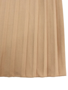 Detail view of khaki dress fabric with vertical pleats and high-quality hem stitching