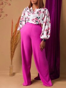 Tenue Femme Élégante Imprimé Floral de Rose Haut Manches Longues Col en V et Pantalon Jambe Large Taille Haute Mode
