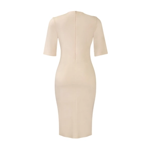 Back view of apricot bodycon pencil dress with invisible zipper and elegant fit