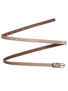 Detail of a slim khaki leather belt featuring a classic silver metal pin buckle