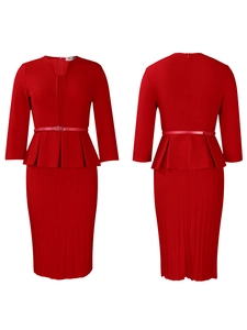 Detailed front and back view of red V-neck Peplum top and fitted pencil skirt set