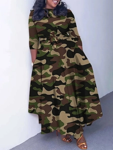 Women's plus size camo print midi dress with belted waist and irregular hemline