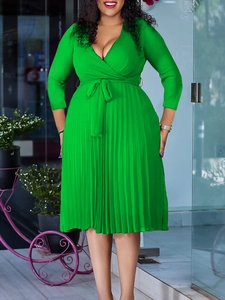 Elegant V-Neck Pleated Midi Dress Long Sleeve Wrap A-Line Solid Color Casual Tie Waist Party Plus Size Dress For Women