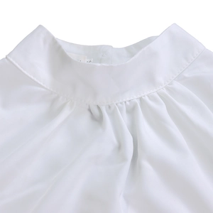 Detail of white puff sleeve top featuring a stand collar and pleated neckline texture