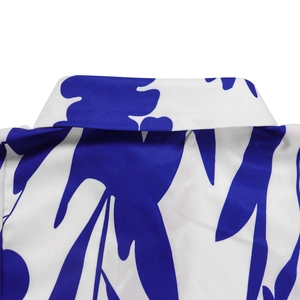 Detail shot of blue floral print on white satin dress with quality lapel stitching