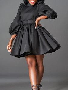 Damen Elegant Puffärmel Minikleid Stehkragen Laternenärmel A-Linie Kurzes Kleid Mit Gürtel Einfarbig Partykleid