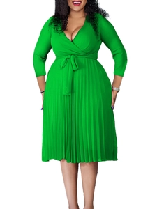 Elegant grass green V-neck long sleeve pleated dress with waist tie for women