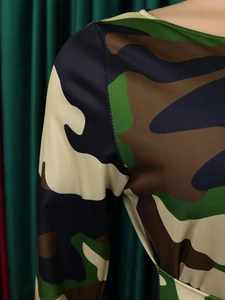 Close-up of shoulder stitching on a camouflage print dress with flexible fabric