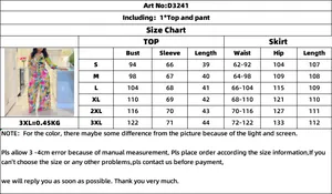 Detailed size chart for women's printed two-piece set including top and wide leg pants