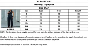 Size guide for sleeveless jumpsuit showing measurements from S to 3XL with metal chain detail