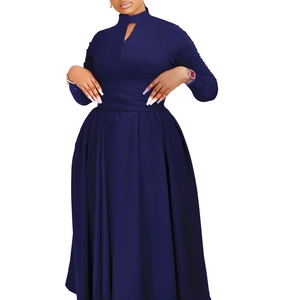 Macro view of navy blue long sleeve dress with waist wrap and pleated umbrella skirt