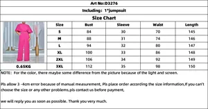 Detailed size chart for solid color high waist wide leg jumpsuit from size S to 3XL