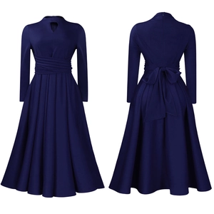 Navy blue dress with teardrop neckline and pleated waist showing front and back views