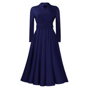 Detail of dark blue pleated maxi dress showing waist ruching and keyhole neckline