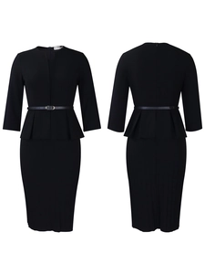 Detailed front and back view of professional black peplum dress with silver buckle belt
