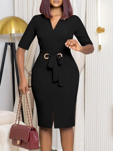 Elegant black V-neck bodycon midi dress with a gold metal waist ring and side slit