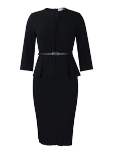 Detail of V-neckline and waist peplum on professional black three-quarter sleeve dress