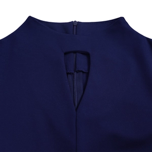 Detailed view of navy blue dress with teardrop cutout neckline and invisible zipper back