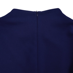 Close-up of navy blue dress with high-quality invisible zipper back and fine fabric texture
