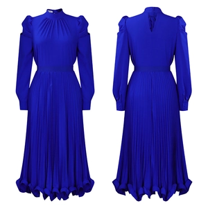 Detailed view of royal blue pleated dress with back keyhole closure and tiered hem