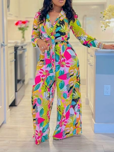 Women Tropical Floral Printed Two-Piece Outfit Lapel Long Sleeve Tied Shirt And High Waist Wide Leg Pants Vacation Streetwear