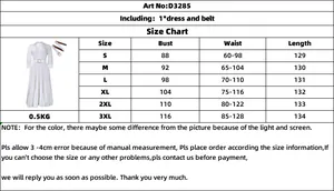Detailed size chart for elegant long sleeve dress with belt measurements from S to 3XL
