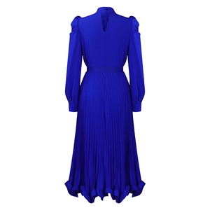 Detail view of royal blue pleated dress back featuring teardrop cutout and button closure