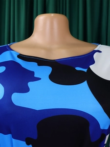 Close-up of the crew neck and camouflage print fabric on a stylish African plus size dress
