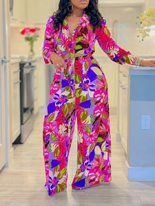 Women's two-piece floral print set with long sleeve tie-up shirt and wide leg pants