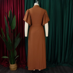 Rear view of caramel brown long dress with elegant butterfly sleeves and high-waisted belt