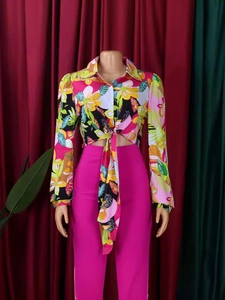 Women's floral print long sleeve crop shirt with waist tie and high waist pink pants