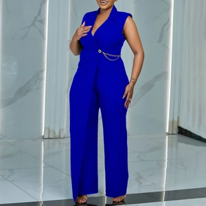Elegant royal blue sleeveless jumpsuit with waist chain detail and draped wide-leg design
