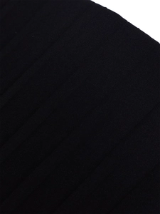 Detail shot of black V-neck dress featuring premium pleated fabric texture and sheen