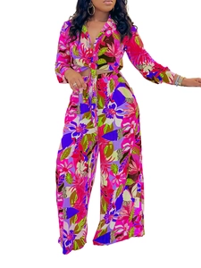 Women's 2-piece floral print set with long sleeve tie-up shirt and wide leg trousers