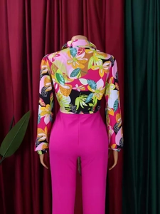 Women's tropical floral print lapel shirt and pink slim high-waisted pants set
