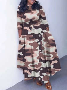 Women plus size camouflage maxi dress with long sleeves and waist tie belt