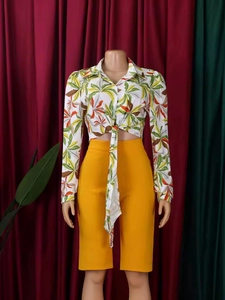 Women's tropical vacation set with palm leaf print shirt and yellow high-waist shorts