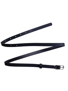 Detail of slim black matte leather belt with silver oval buckle and adjustable holes