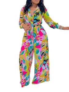Women's two-piece tropical floral print set with V-neck tie shirt and wide-leg pants