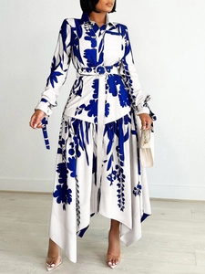Women Elegant Botanical Floral Print Shirt Dress Long Sleeve Lapel Irregular Hem Maxi Dress With Rhinestone Buckle Belt