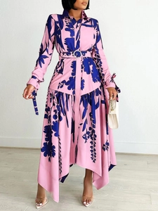Elegant plus size long sleeve dress with floral print and asymmetrical hemline with belt