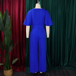 Detail view of royal blue wide-leg jumpsuit with high waist and back zipper closure